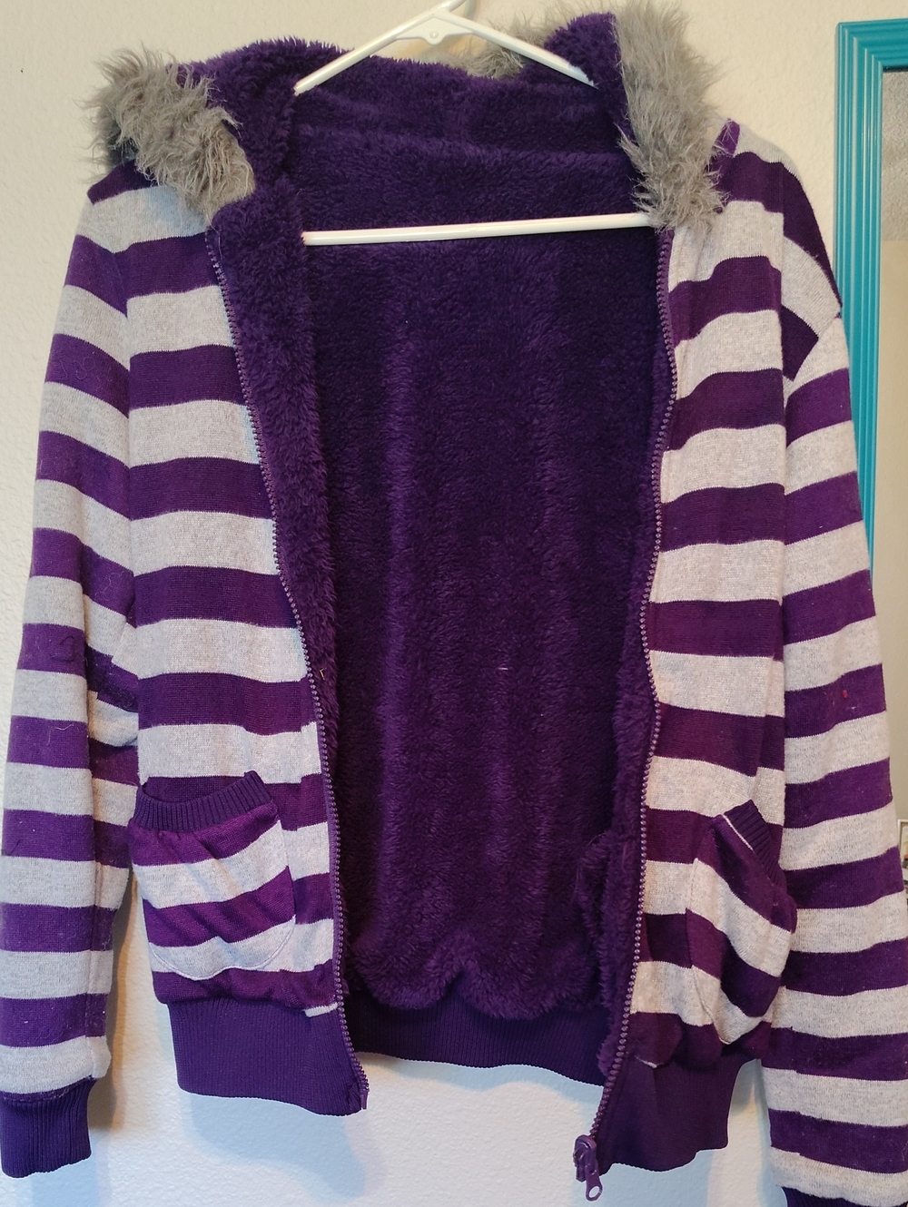 Kids Purple & Light Gray Striped Hooded Jacket with Faux-Fur Trim